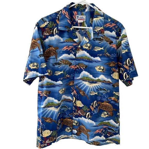 Vintage Hawaii Brand Sea Turtles Blue All Over Print Hawaiian Shirt Made In USA - Picture 1 of 5